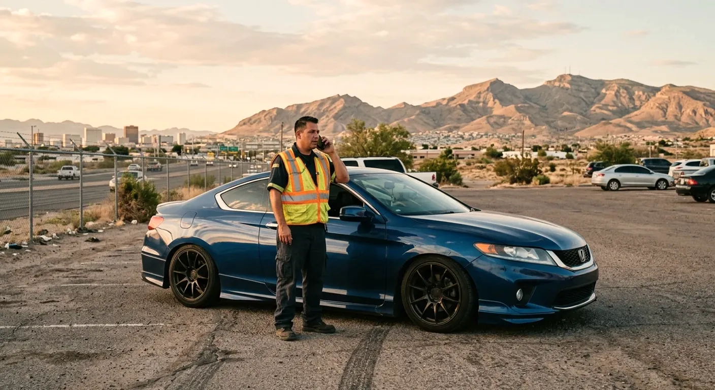 A worker on the phone beside a lowered blue coupe in a dirt lot, city and mountains behind