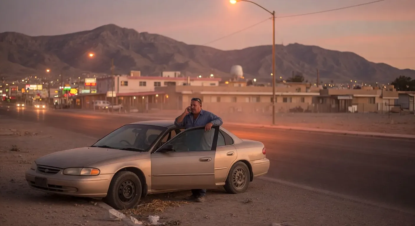 A driver on the phone sitting on the hood of a stalled sedan on a desert roadside at dusk