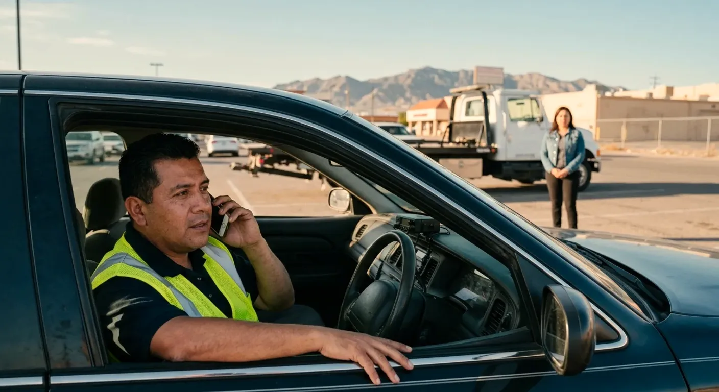 A driver sitting in his blue car talking on the phone, a tow truck in the lot behind him