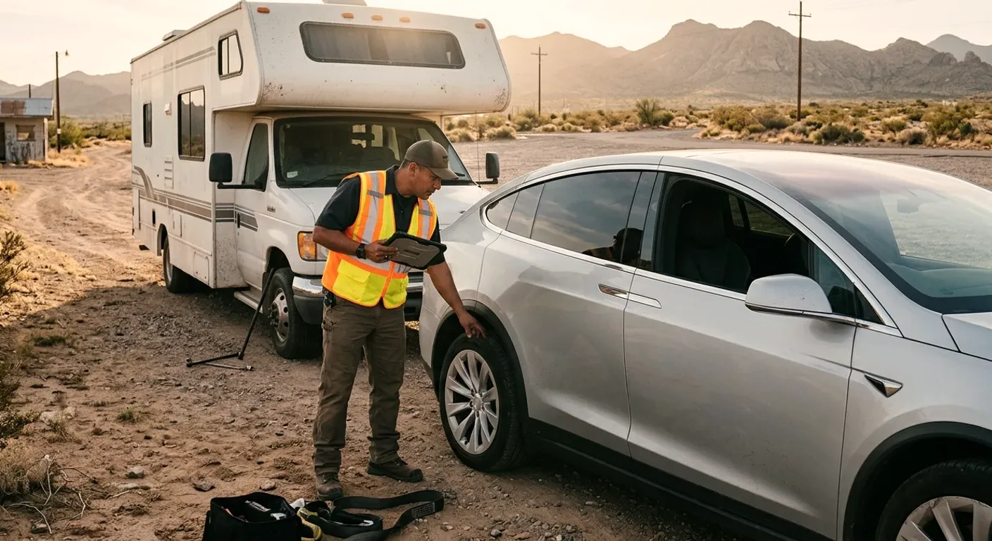 A silver electric SUV parked beside a motorhome on a desert lot while a worker checks a tablet