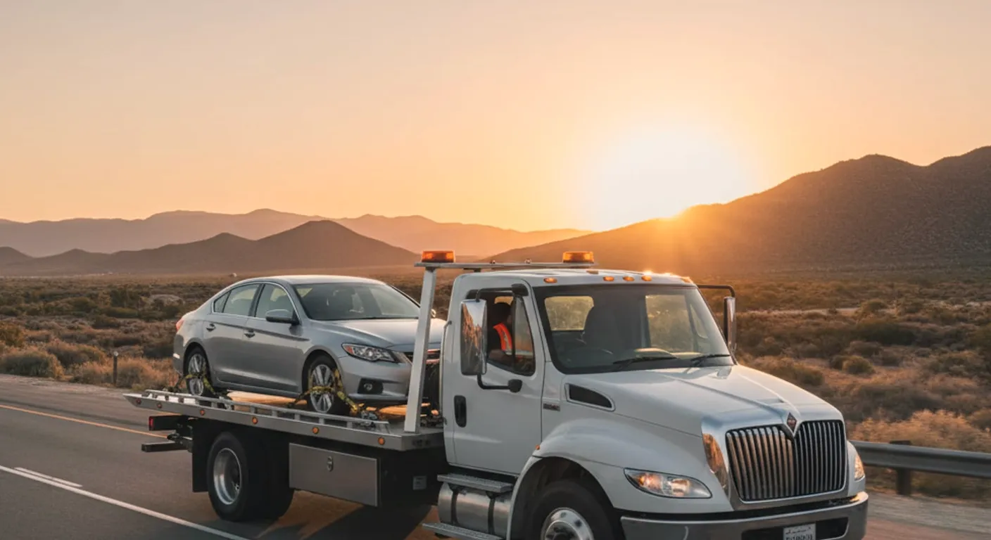A flatbed carrying a sedan down a desert highway at sunset