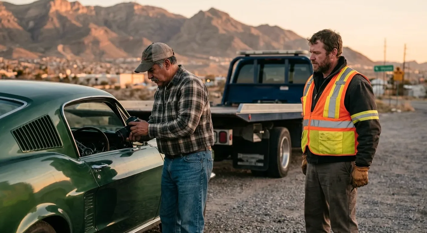 A tow worker and an owner beside a green classic car, flatbed behind and desert mountains in the distance