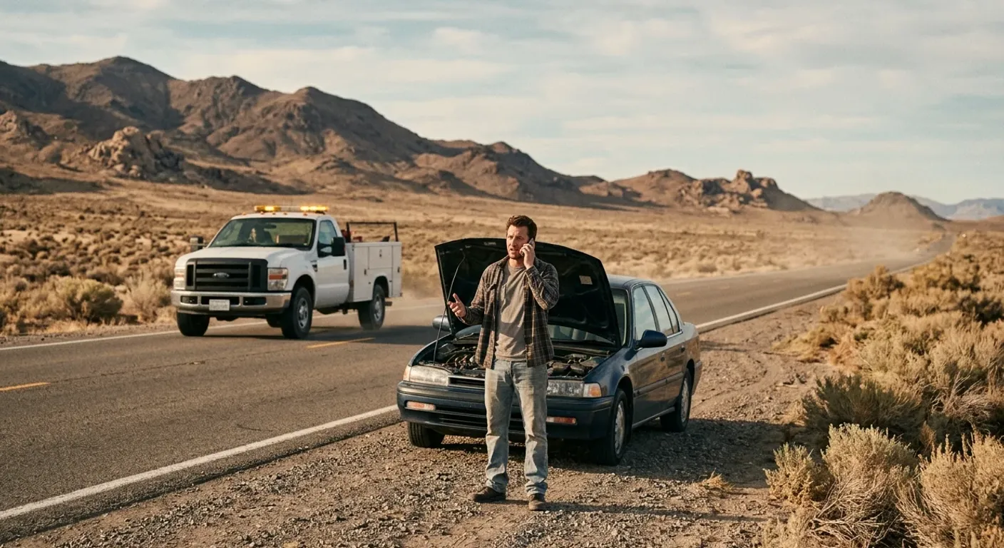 A man on the phone in front of a hood-up sedan on a desert two-lane road, service pickup behind