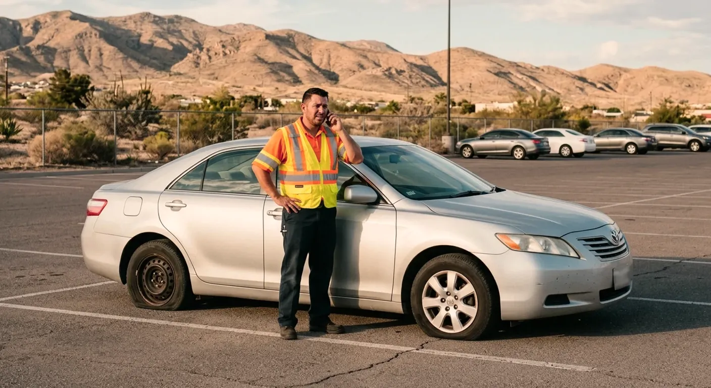 A worker on the phone beside a silver sedan with a flat rear tire in a parking lot, mountains behind