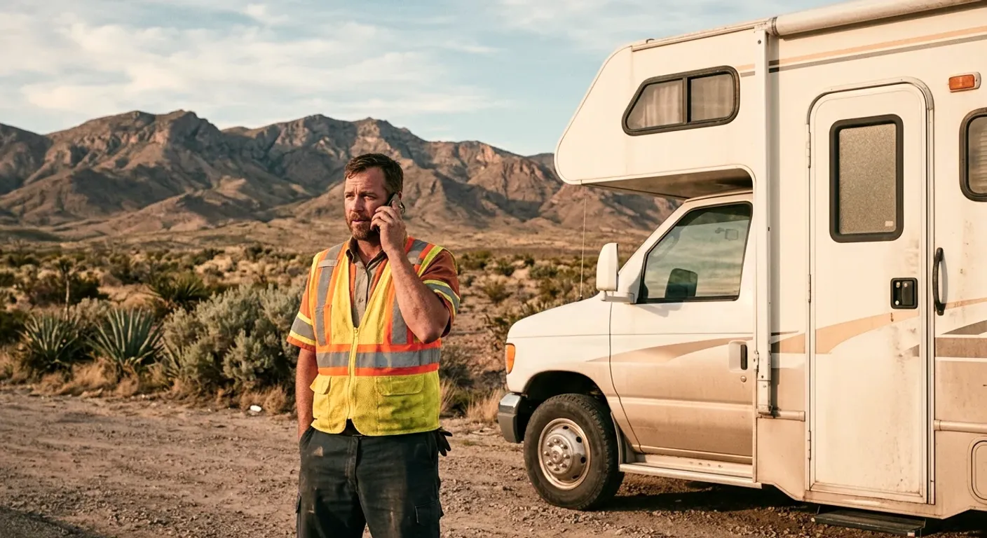 A worker on the phone beside a parked motorhome in desert scrub with mountains behind