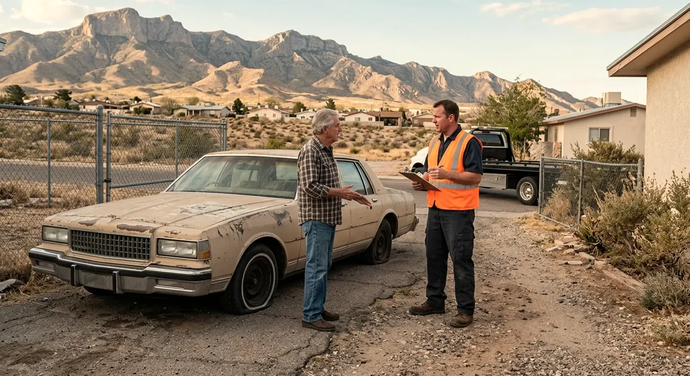 A tow worker with a clipboard and an owner beside a faded old sedan in a desert yard