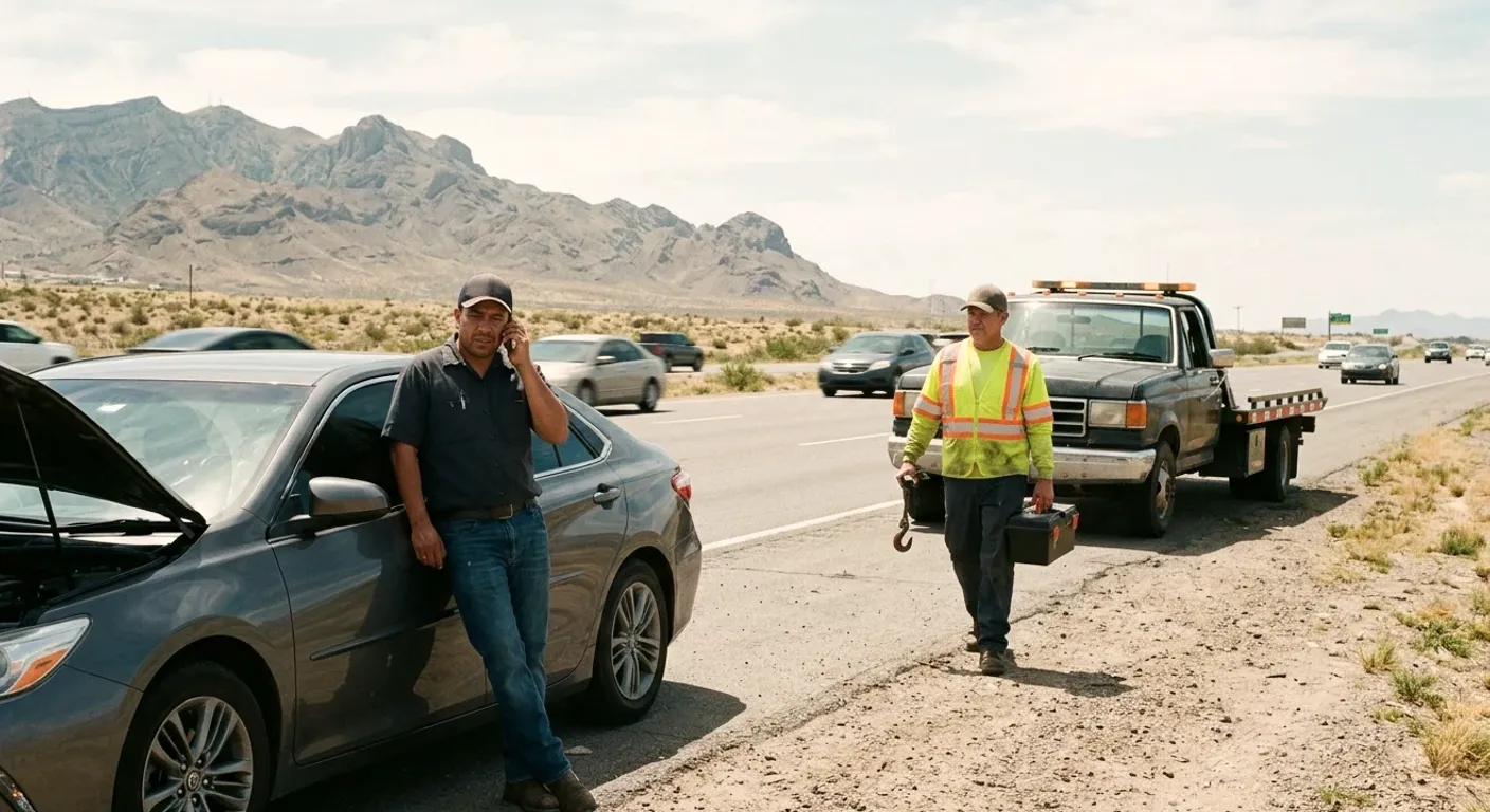 A tow operator walking toward a driver and a hood-up sedan on a desert highway shoulder