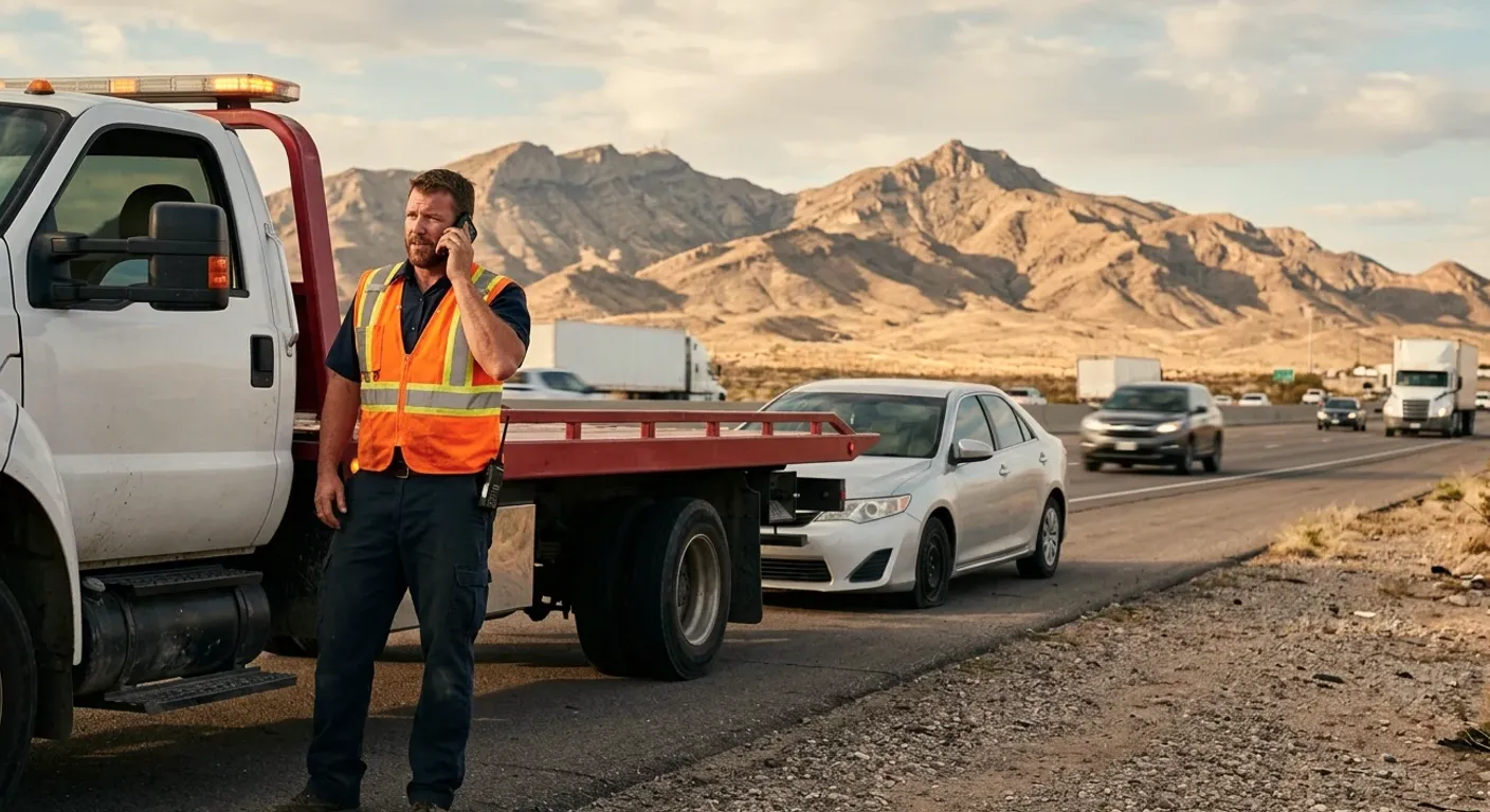 A tow operator on the phone beside a flatbed parked on a freeway shoulder, white sedan behind