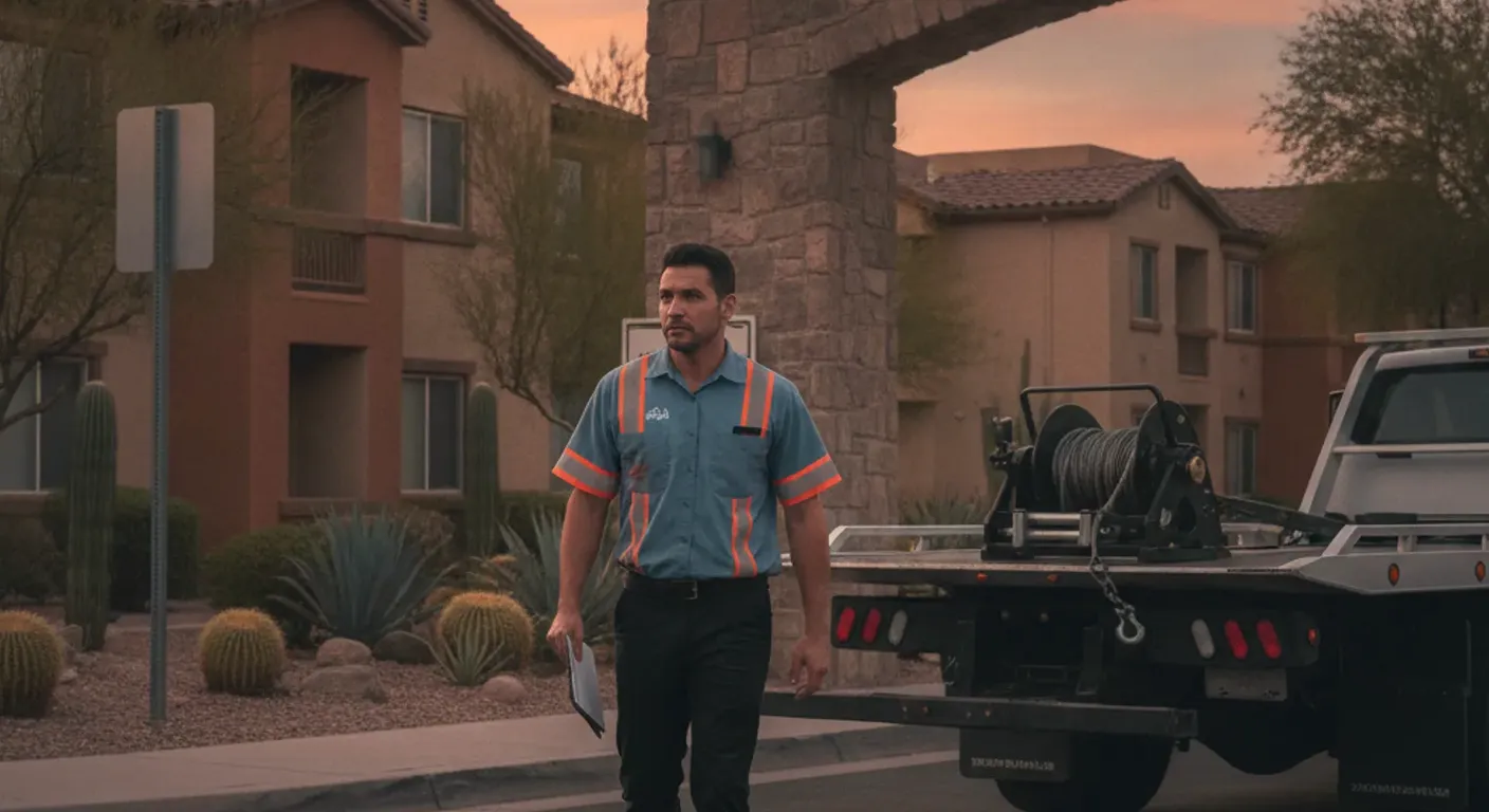 A tow operator carrying paperwork at a gated apartment complex entrance, flatbed beside him