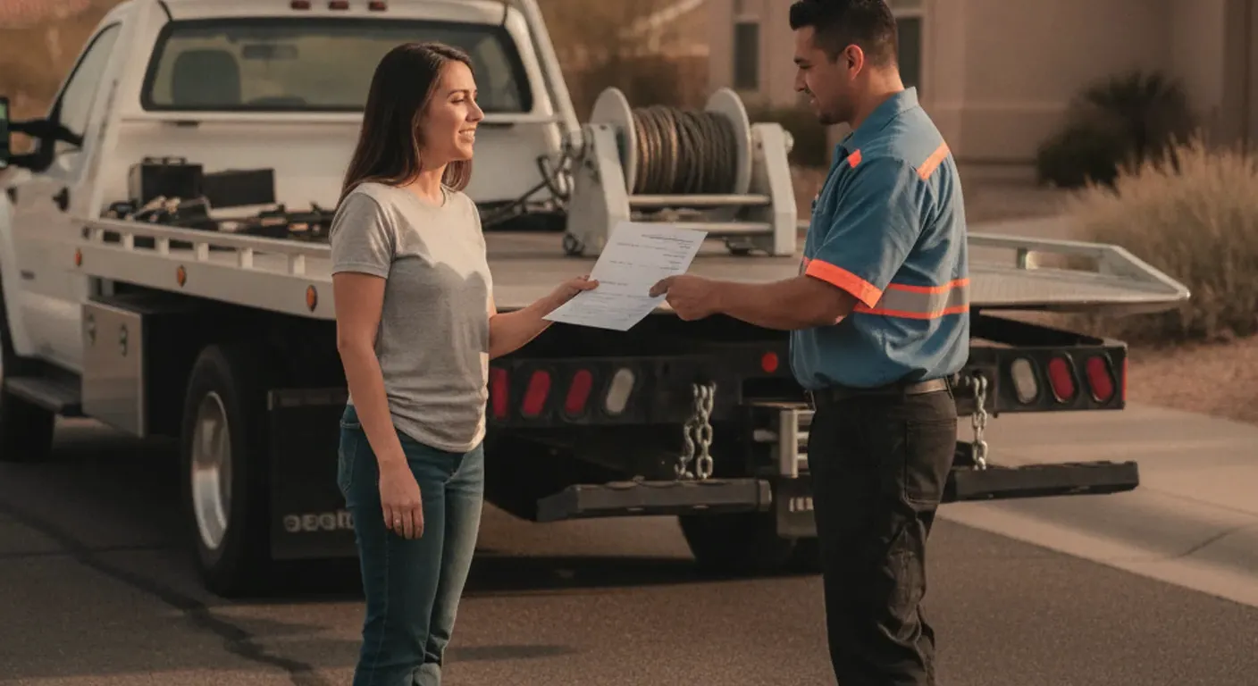 A tow operator handing paperwork to a customer beside a flatbed