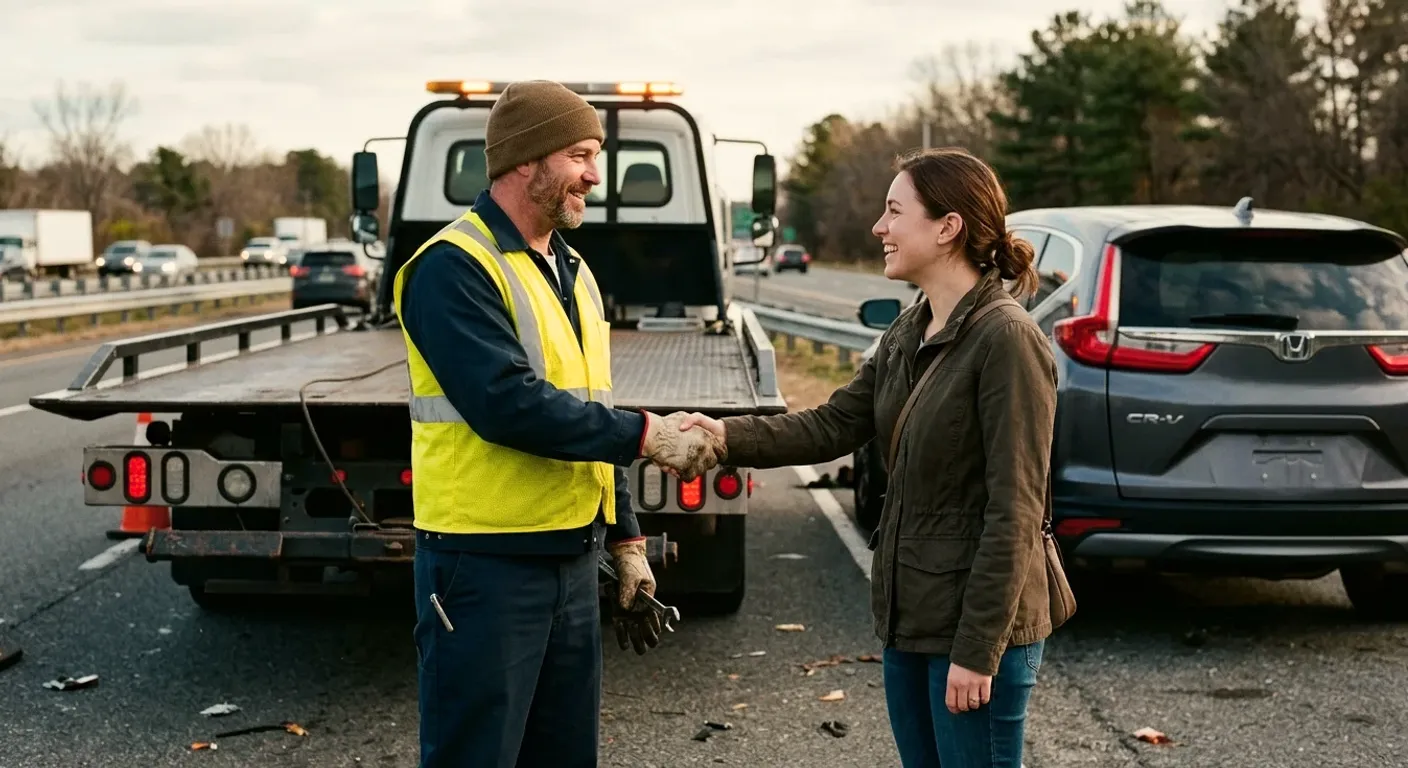 A tow operator shaking hands with a customer beside a flatbed on a highway shoulder