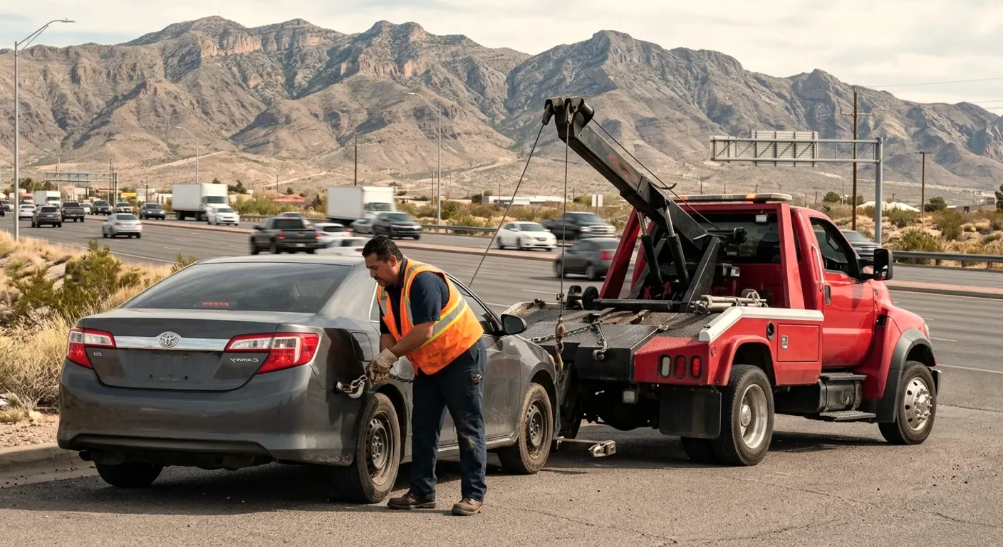 A red wheel-lift truck hooking a gray sedan on a road shoulder below desert mountains