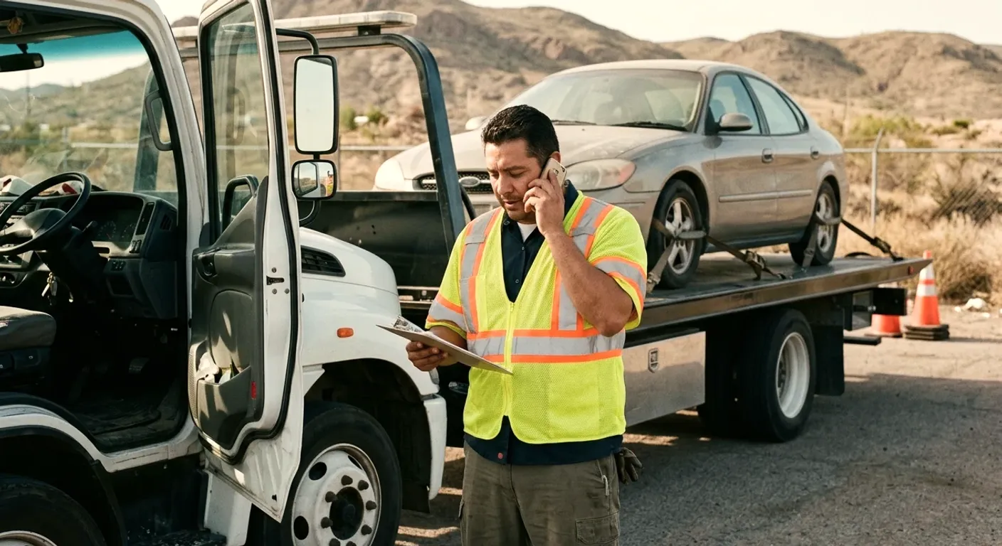 A worker with a clipboard beside a flatbed carrying a sedan in desert country