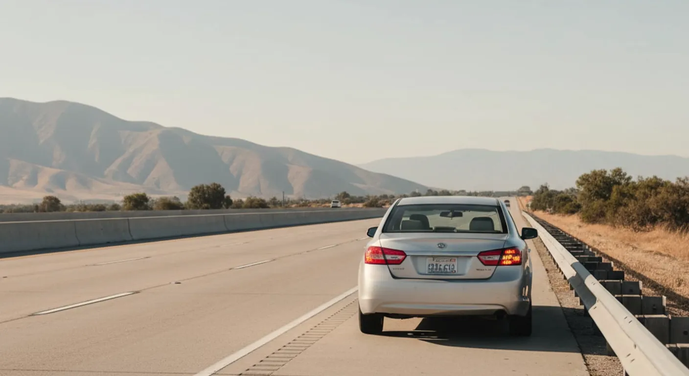 A silver sedan stopped on a wide freeway shoulder against a concrete barrier