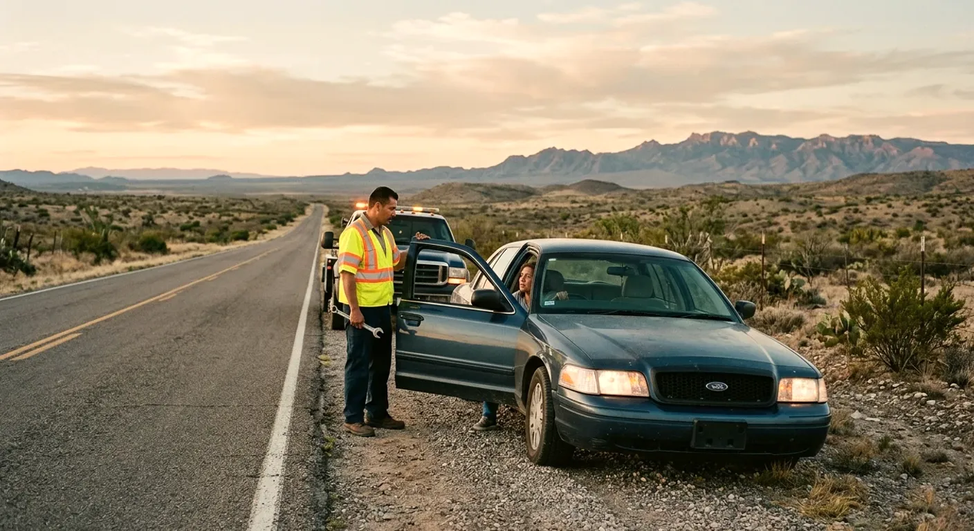 A sedan stopped on the shoulder of a long open desert road, driver standing at the open door