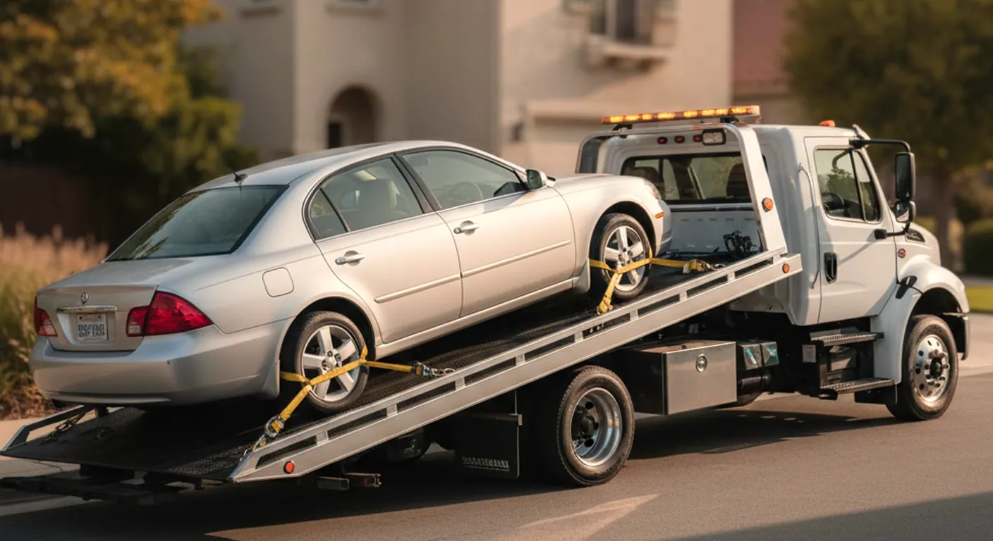 A silver sedan strapped on a tilted flatbed bed in front of a stucco house