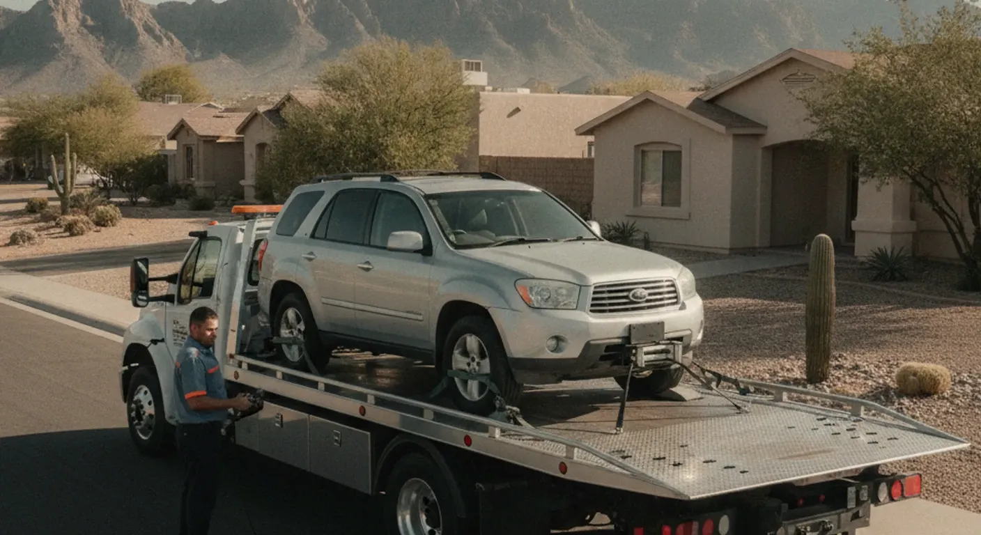 A silver SUV loaded on a flatbed in a desert neighborhood with mountains behind