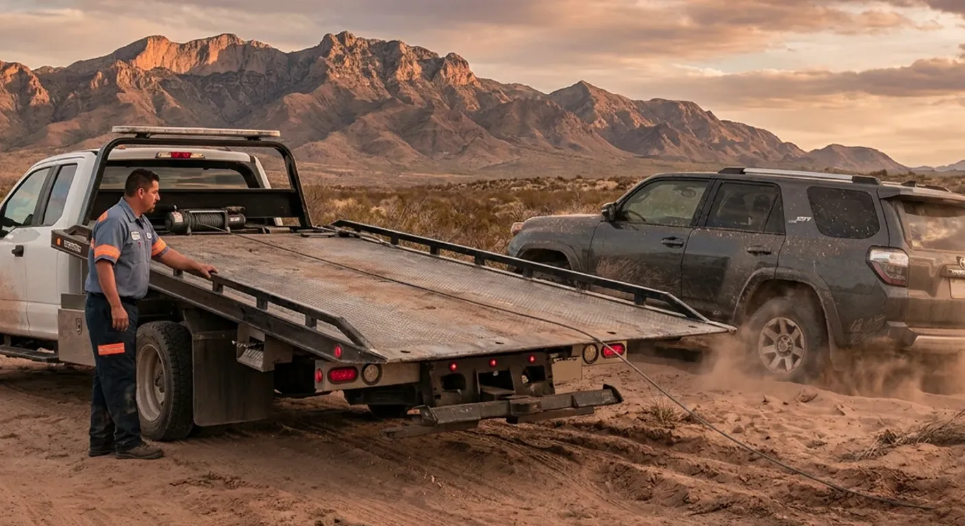An SUV being winched out of loose desert sand onto a flatbed at sunset