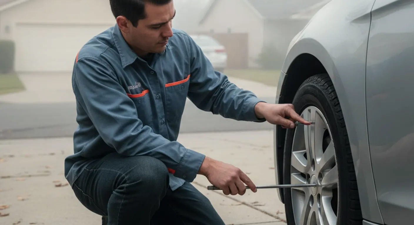A technician working a lug wrench on a car wheel