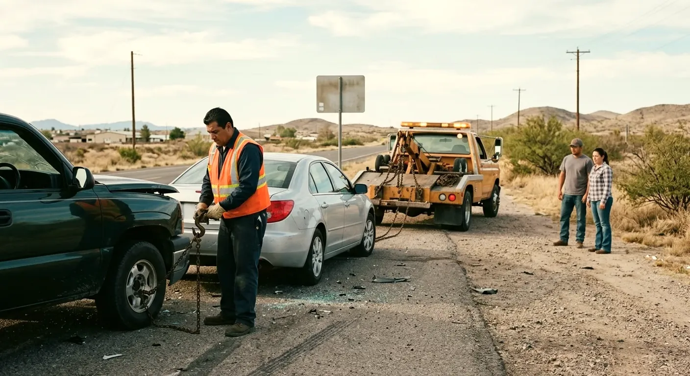A tow worker at a two-car collision on a desert road shoulder, a wrecker and two bystanders nearby