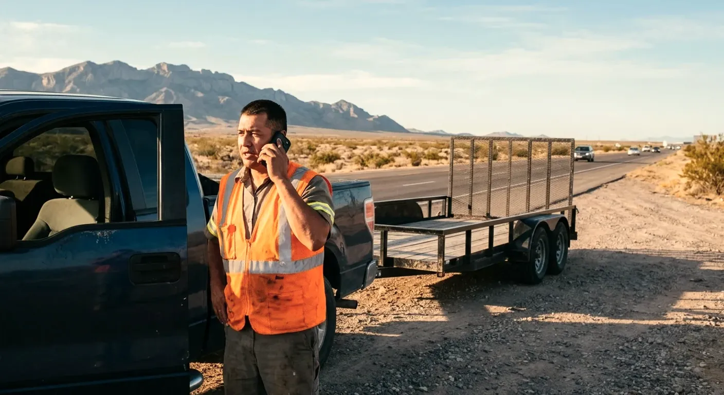 A worker on the phone beside a pickup and an empty utility trailer on a desert roadside