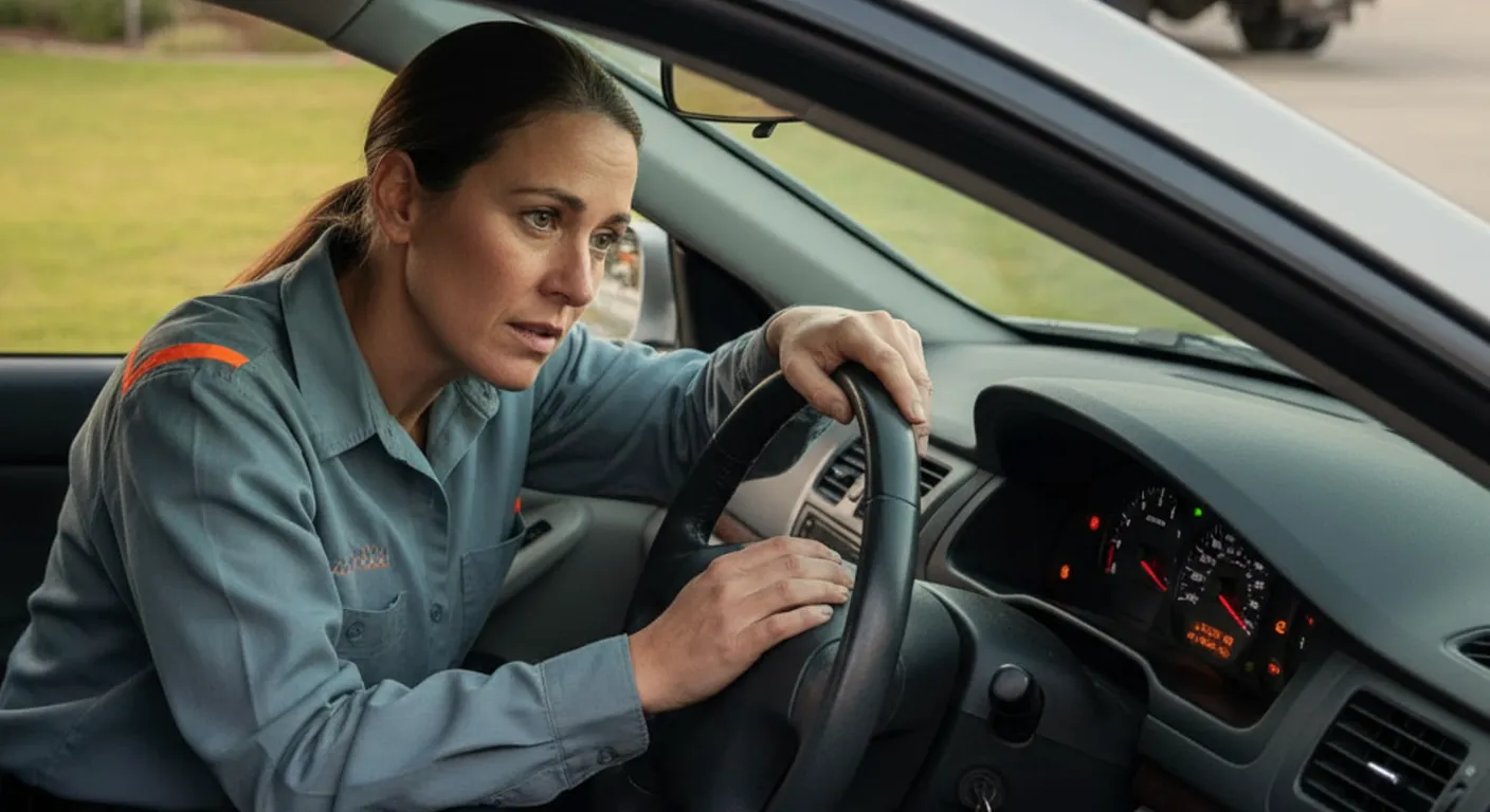 A woman at the steering wheel looking at a dashboard after her car will not start