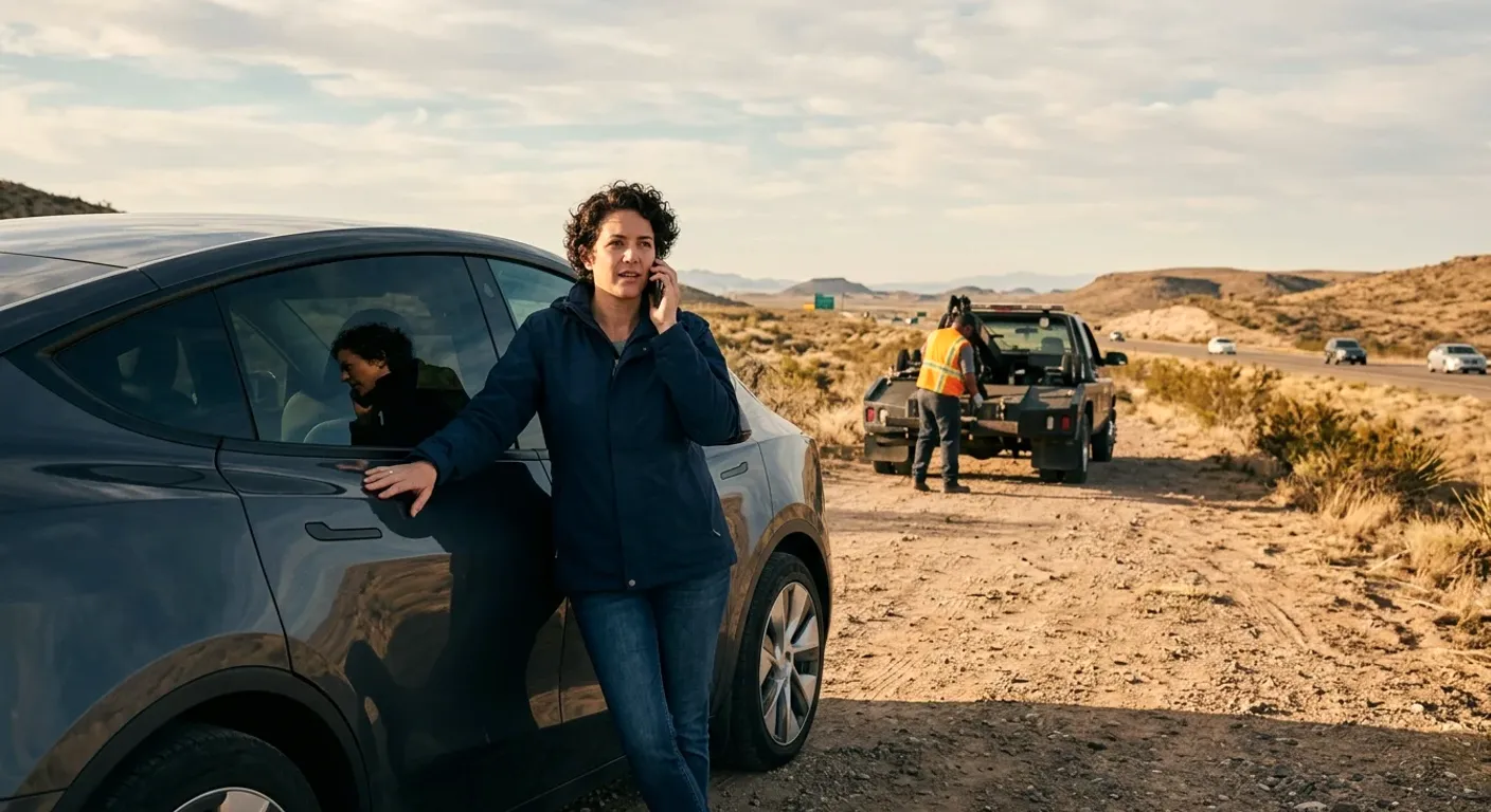A woman on the phone leaning on a dark electric SUV on a desert lot, a tow truck in the distance