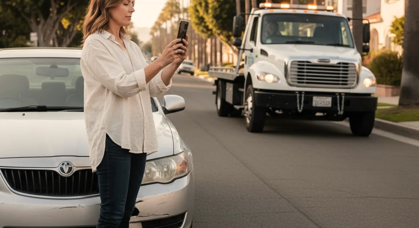A woman photographing her damaged car at the curb while a flatbed waits in the street