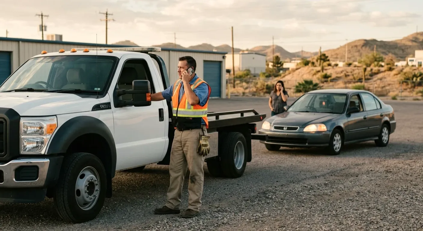 A worker on the phone beside a service pickup, a sedan parked nearby in a gravel lot