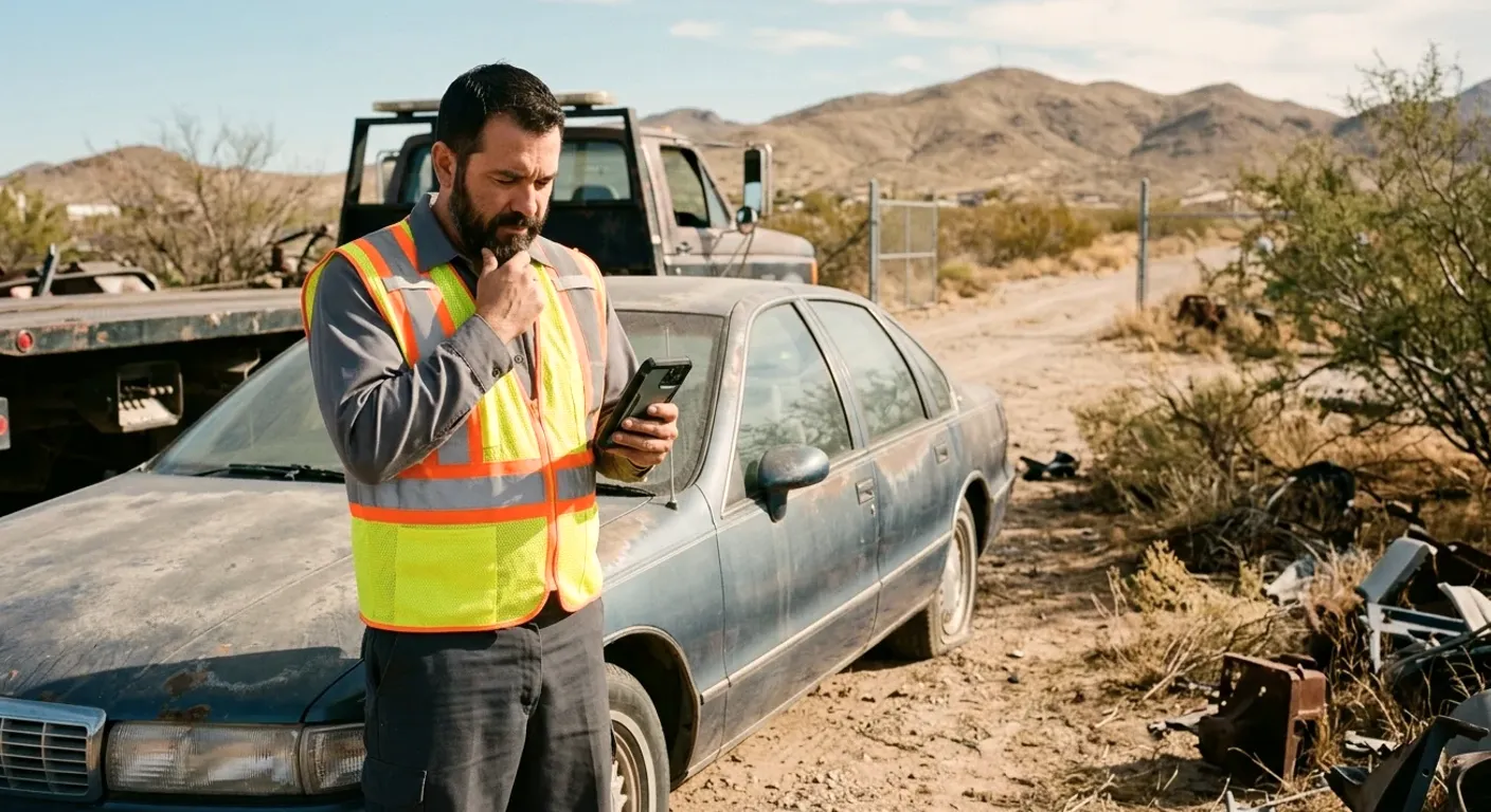 A worker checking his phone beside a dusty abandoned sedan in a desert lot, flatbed behind