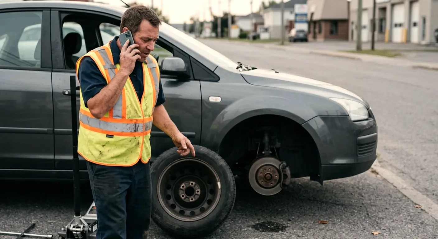 A worker on the phone holding a wheel beside a gray hatchback resting on a bare hub