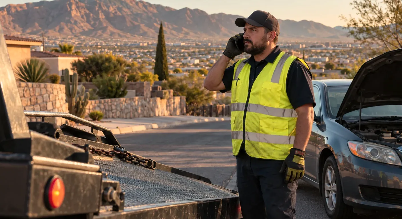 A worker on the phone beside a hood-up sedan and a flatbed on a hillside road above the city