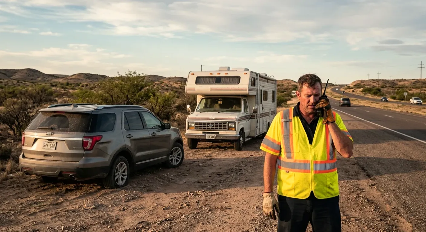 A worker on a radio in front of a motorhome and an SUV pulled off a desert road