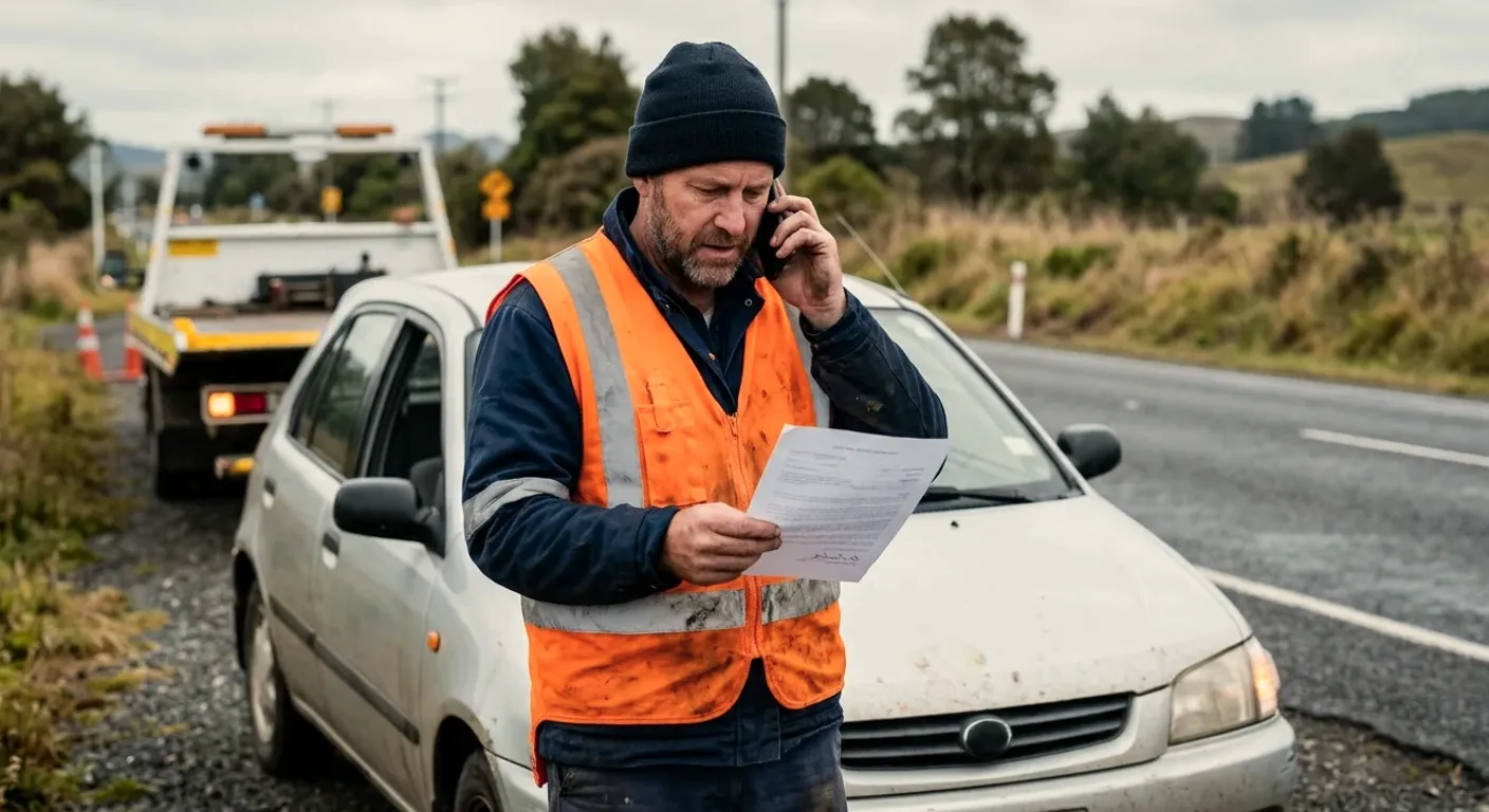A worker on the phone reading paperwork beside a white car on a rural road, tow truck behind