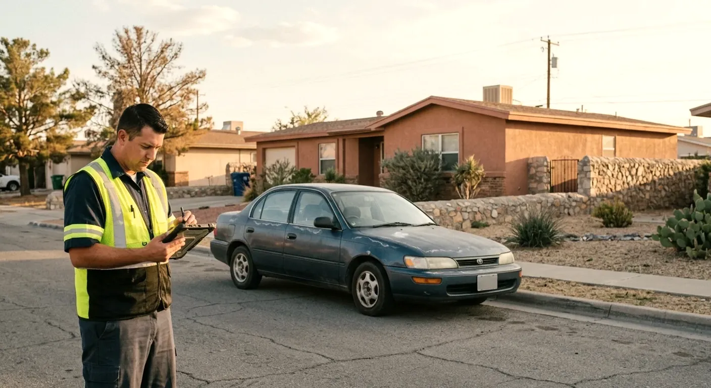 A tow worker with a tablet beside a blue sedan parked at the curb in a desert neighborhood