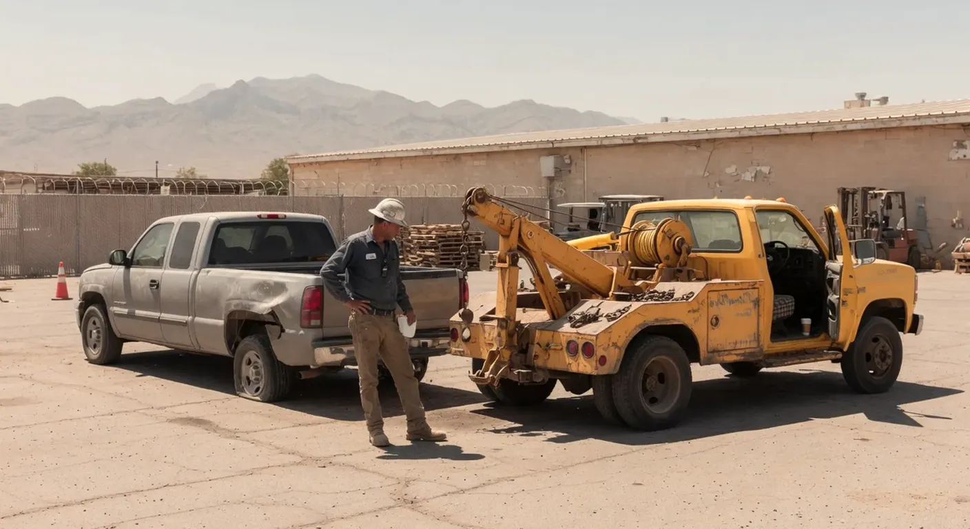 A yellow wrecker and a silver pickup in a sunny industrial yard, operator standing between them