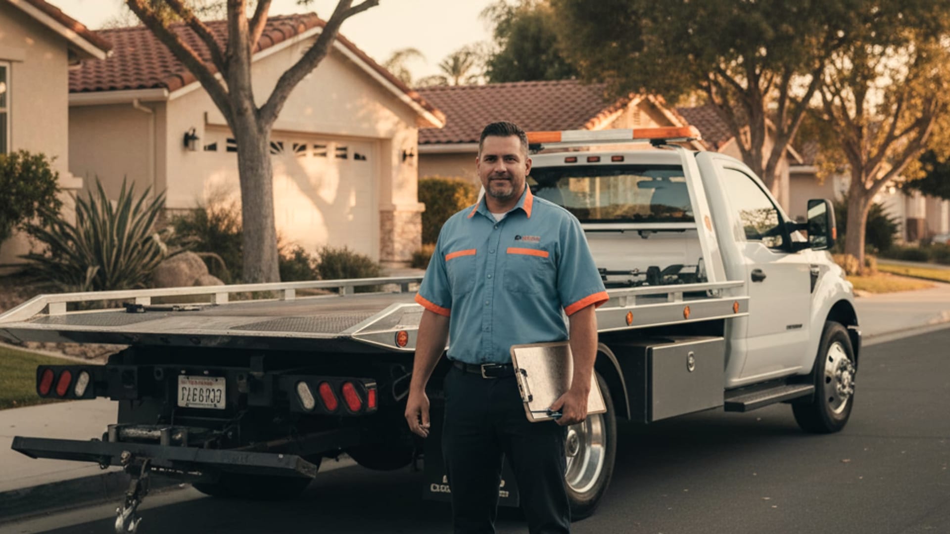 A flatbed rollback parked in an El Paso neighborhood at sunset