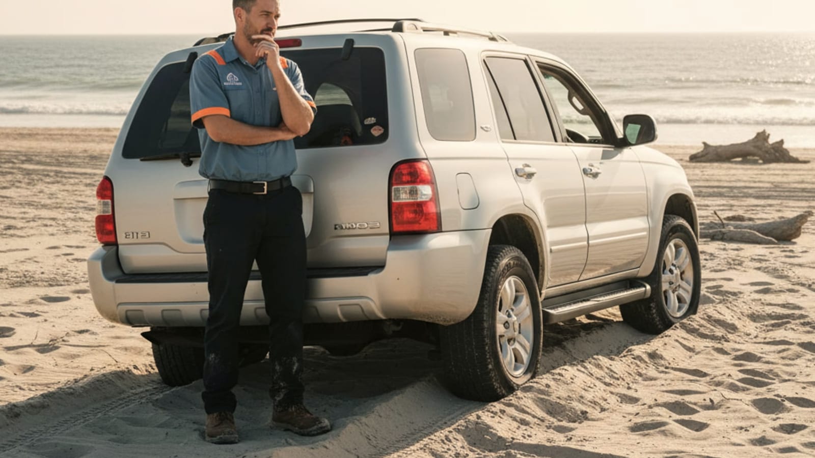 A car stuck in sand on a desert road east of El Paso with tire tracks