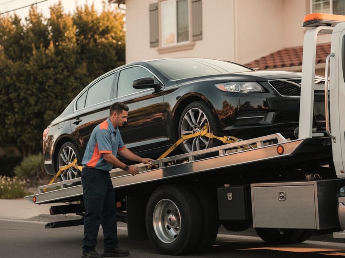 Flatbed tow truck loading a car on an El Paso street near the Franklin Mountains