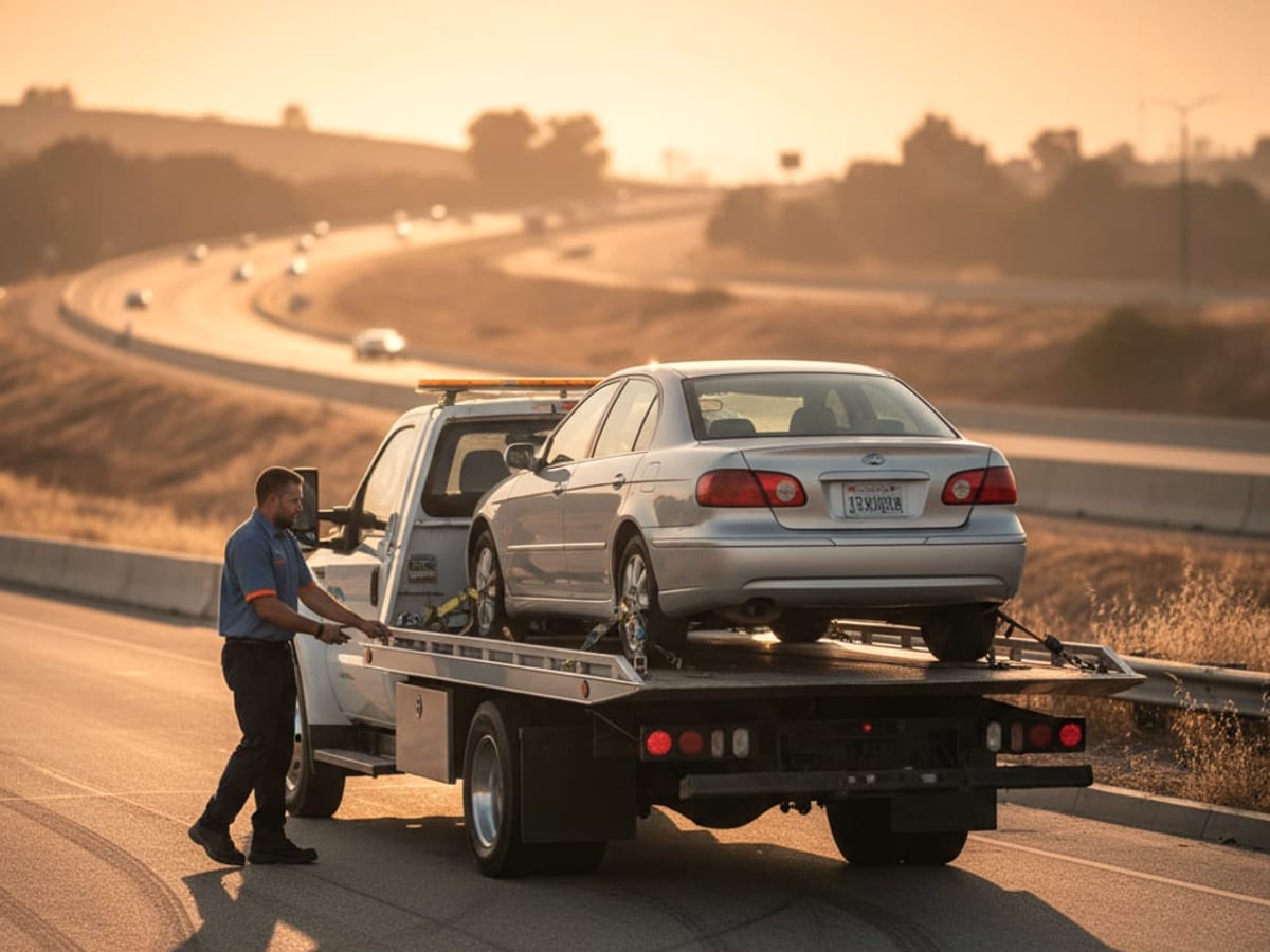 Flatbed tow truck carrying a car on a desert highway outside El Paso