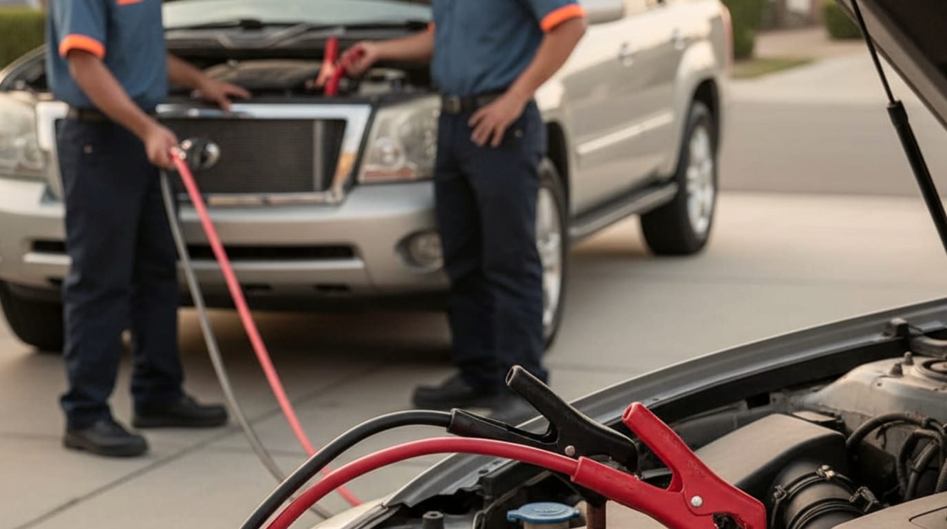 A tow truck operator connecting jumper cables to a car battery on a sunny El Paso street.