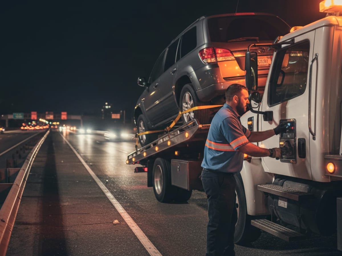 Tow truck helping a disabled car on an El Paso freeway shoulder near downtown