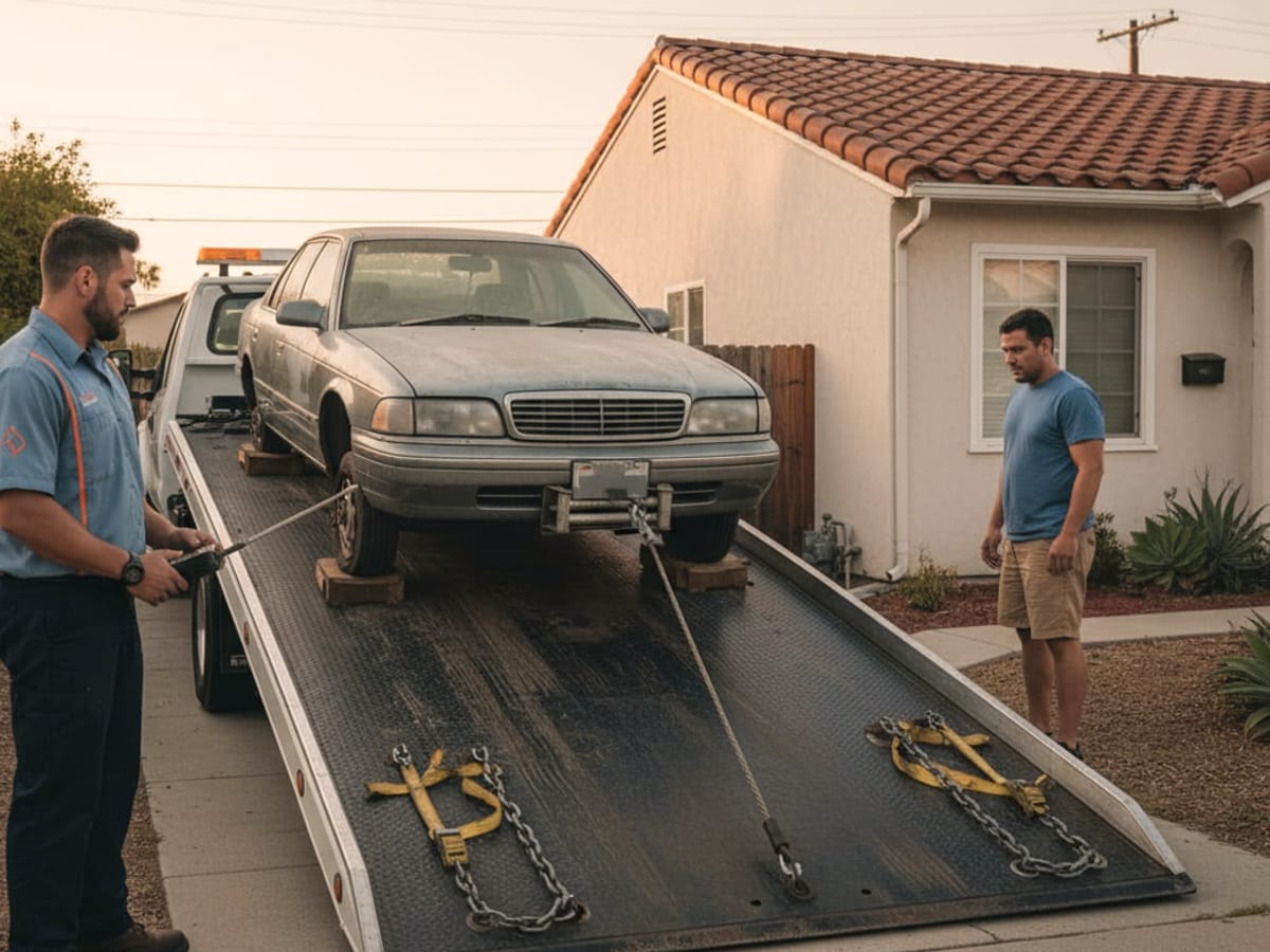 Tow truck removing an old junk car from a residential street in El Paso, Texas