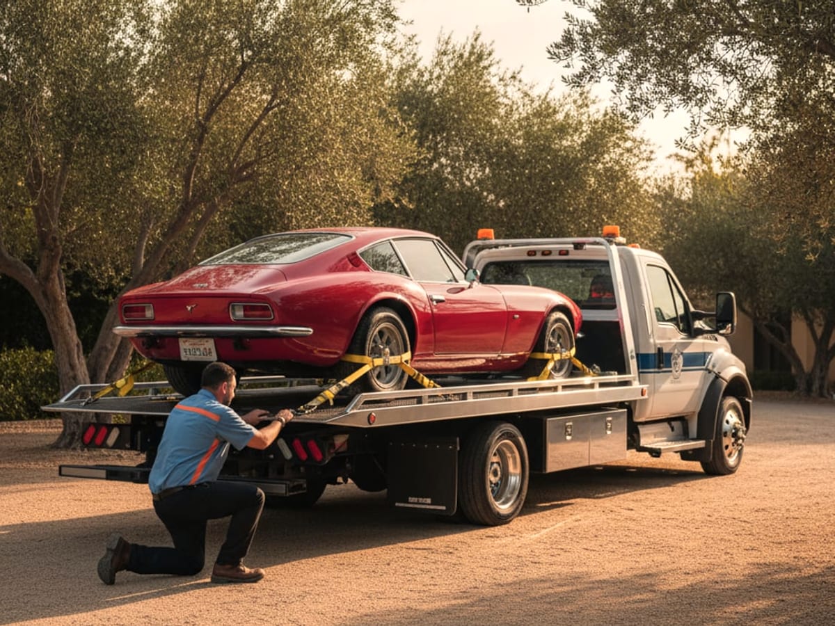 Grúa plana cargando un auto deportivo clásico de perfil bajo en una calle de El Paso