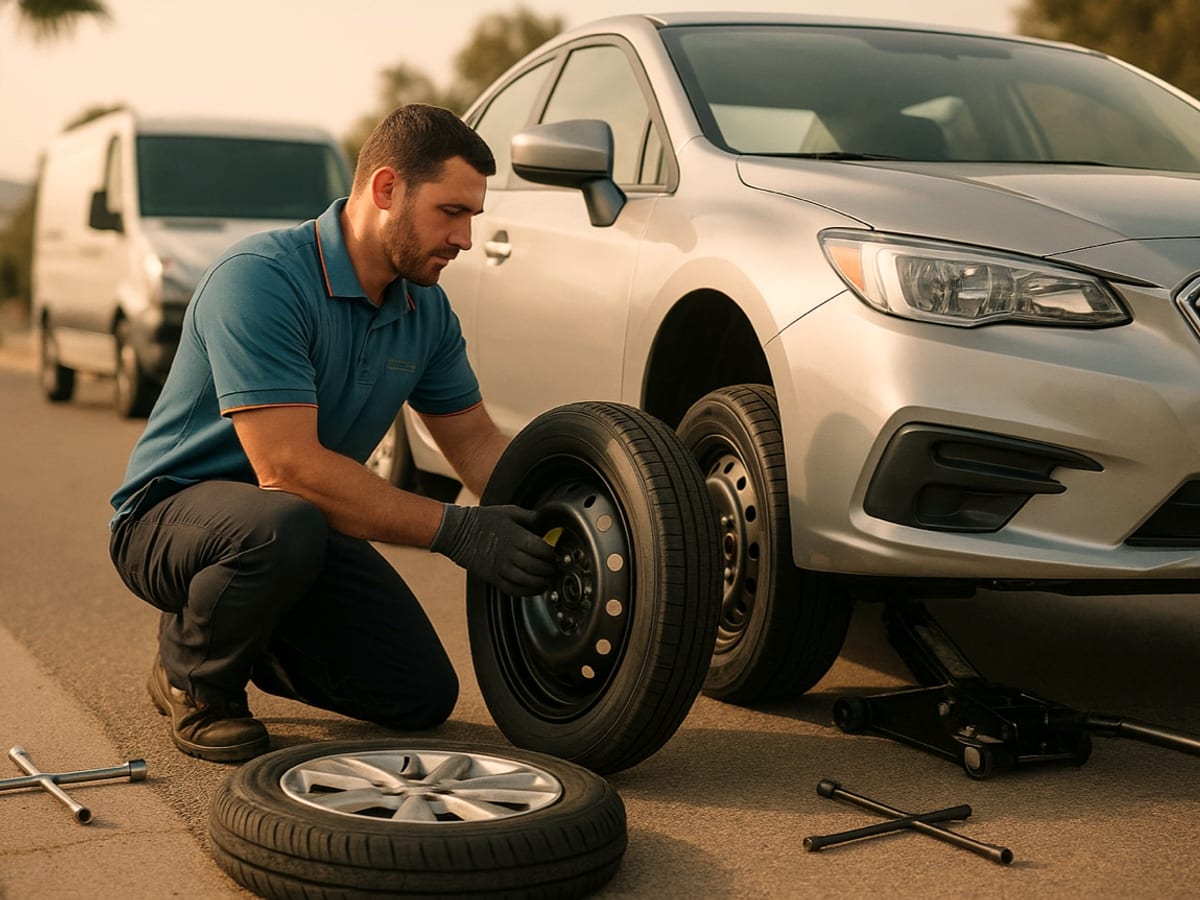 A tow truck operator changing a flat tire on a car along an El Paso highway shoulder