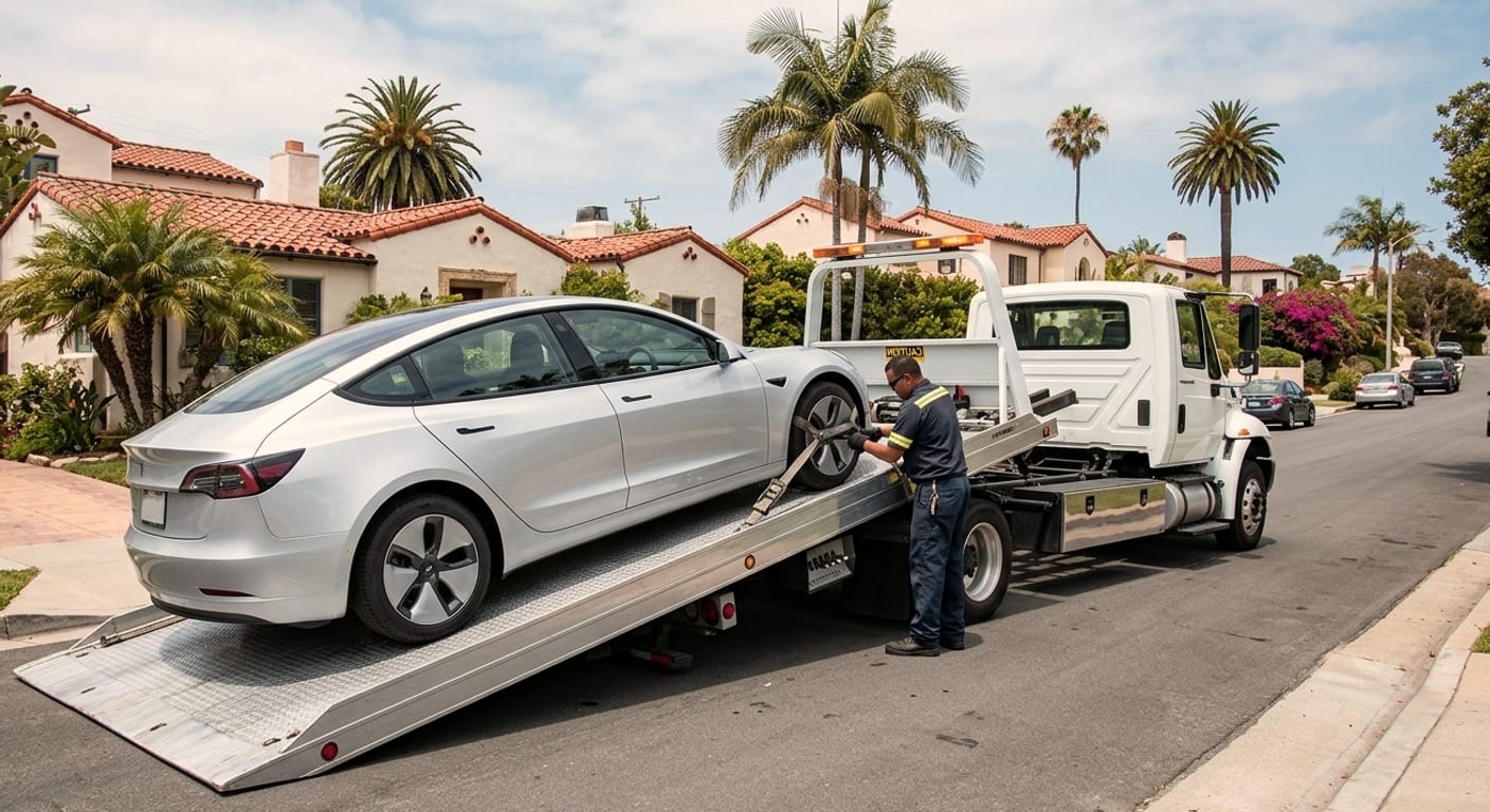 Flatbed tow truck loading an electric car on a sunny El Paso highway shoulder